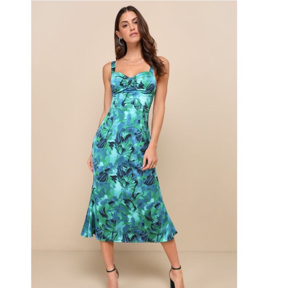 Lulus Dress Womens Medium Blue Floral Midi Satin Bustier Party Tropical Beach